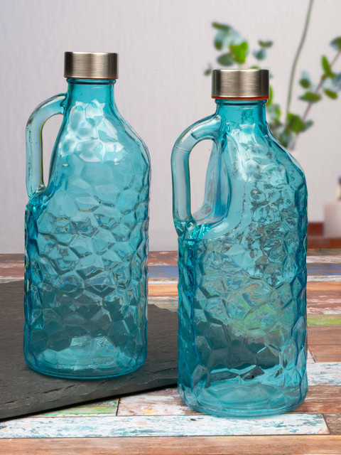

White Gold Set Of 2 Blue Solid Glass Water Bottle