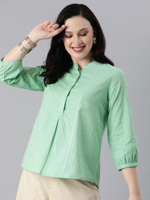 

Global Desi Sea Green Self Design Mandarin Collar Shirt Style Top
