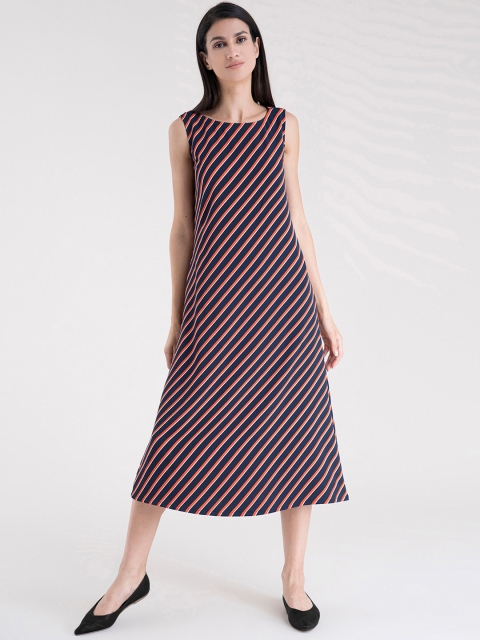 

FableStreet Navy Blue & Orange Striped A-Line Midi Dress