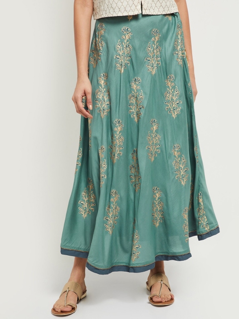 

max Women Blue & Gold-Colored Printed Flared Maxi Skirt
