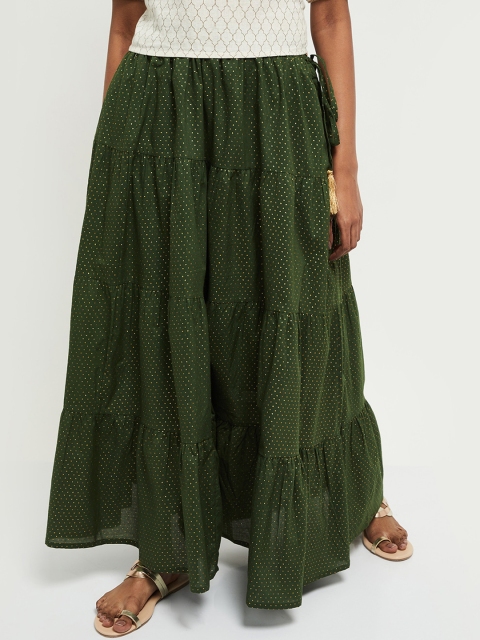 

max Women Olive-Green & Gold-Coloured Printed Tiered Maxi Skirt