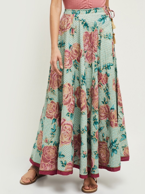 

max Women Green & Pink Floral Printed Flared Maxi Skirt