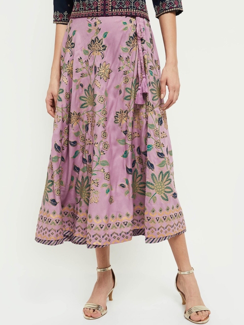 

max Women Lavender-Coloured & Green Floral Printed Flared Maxi Skirt