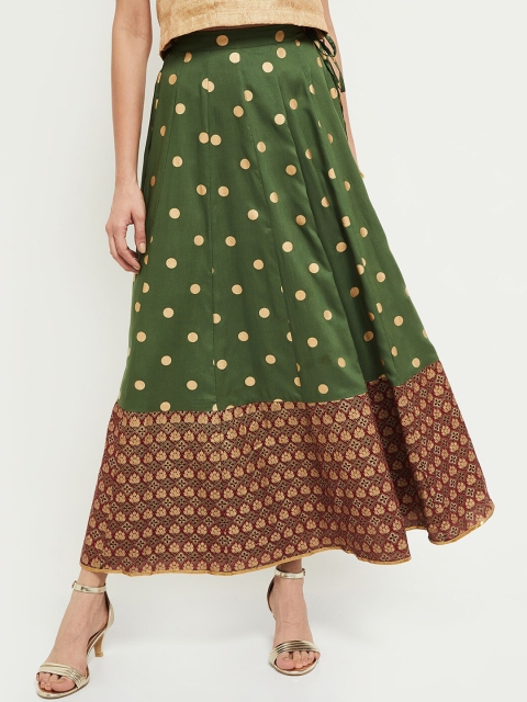 

max Women Green & Maroon Printed Flared Maxi Skirt