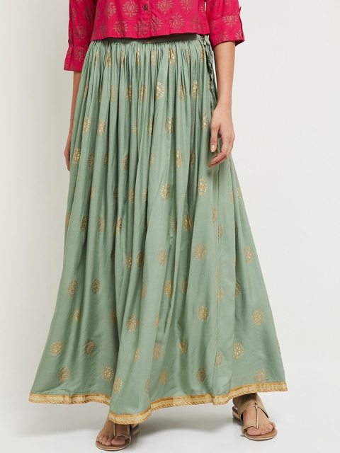 

max Women Green & Gold-Coloured Printed Flared Maxi Skirt