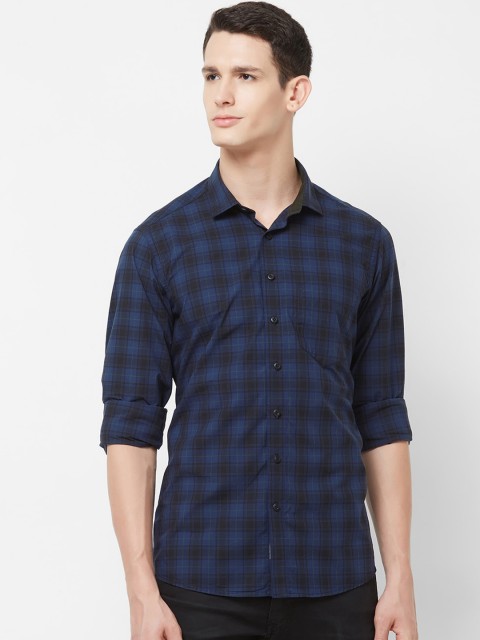 

EVOQ Men Navy Blue & Black Tartan Checks Opaque Checked Pure Cotton Casual Shirt
