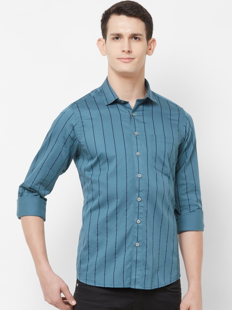 

EVOQ Men Teal Blue Opaque Striped Cotton Linen Casual Shirt