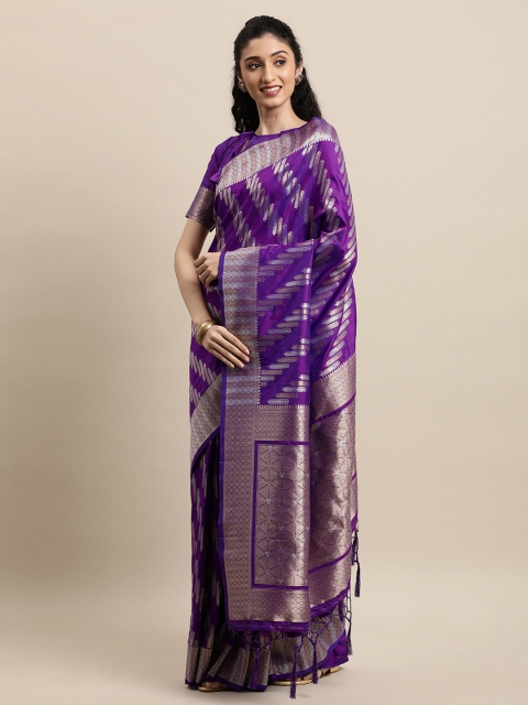 

Mitera Violet & Gold-Toned Ethnic Motifs Zari Kanjeevaram Saree