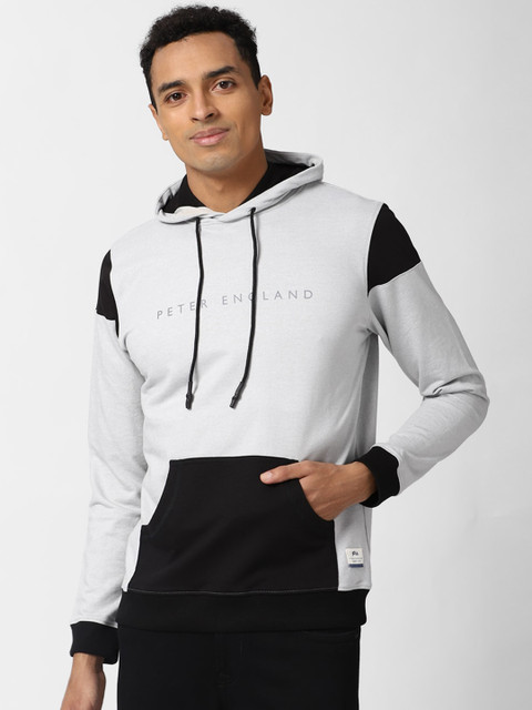 

Peter England Casuals Men Grey & Black Colourblocked Hooded Sweatshirt
