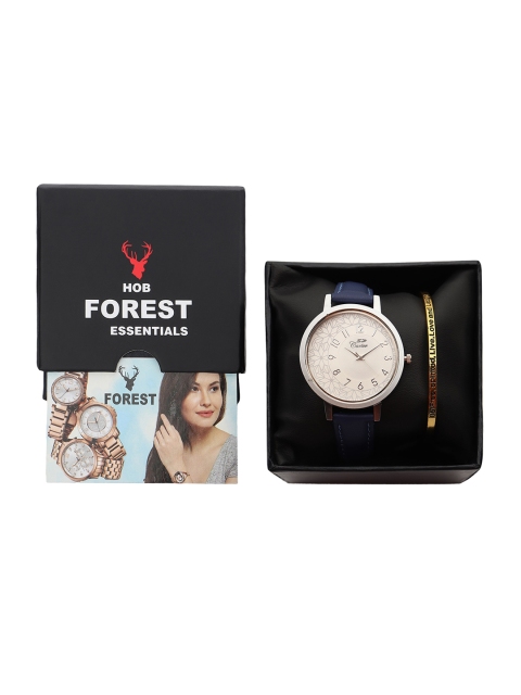 

Hobforestessentials Women Gift Set of Blue Leather Watch & Gold-Toned Bracelet, Cream