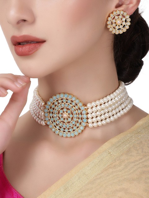 

Shining Diva Gold-Plated Sea Green & White Pearl Beaded Antique Jewellery Set