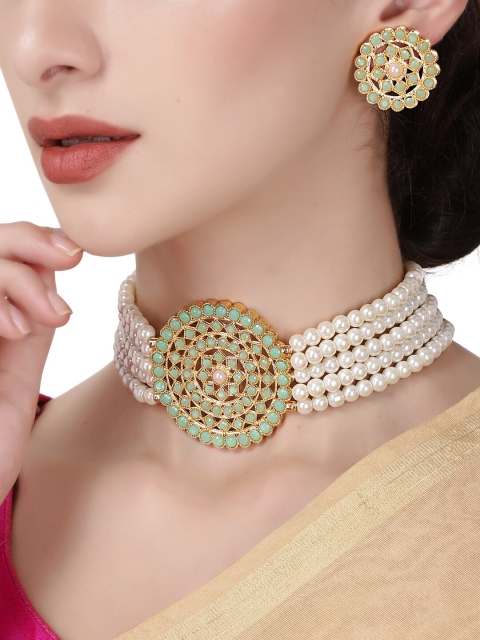 

Shining Diva Gold-Plated Green & White Stone-Studded & Pearl Beaded Antique Jewellery Set