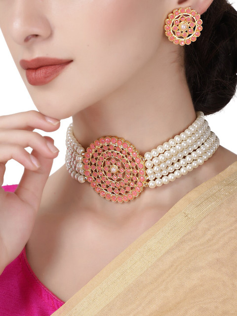 

Shining Diva Gold-Plated Peach-Colored & White Stone Studded Choker Necklace Set