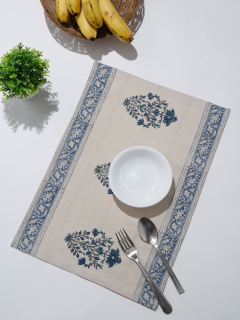 

Fabindia Set Of 4 Beige & Blue Printed Cotton Table Mats