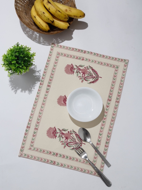 

Fabindia Set Of 4 Cream-Coloured & Pink Floral Printed Cotton Table Placemats