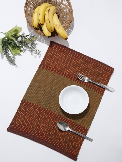 

Fabindia Set Of 6 Olive Green & Red Solid Woven-Design Cotton Table Placemats
