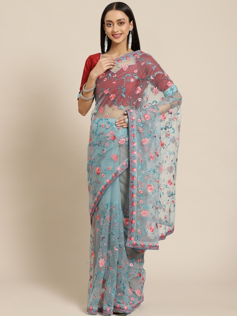 

SARIYA Turquoise Blue & Pink Floral Embroidered Net Heavy Work Saree
