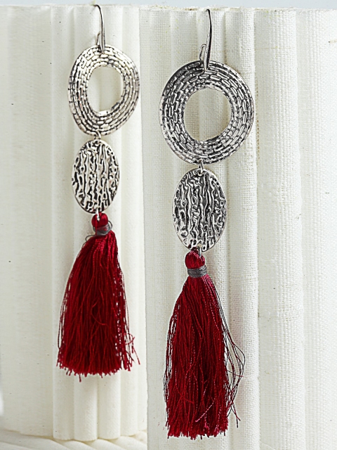 

CRZ Women Rhodium Plated Silver-Toned& Red Geometric Drop Earrings