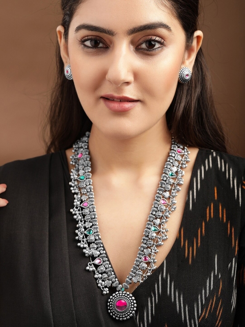 

Rubans Oxidised Silver-Plated Grey& Green Stone-Studded & Beaded Handcrafted Jewellery Set