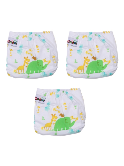 

POKORY Unisex Kids Pack Of 3 White Printed Pure Cotton Reusable Diapers Pants