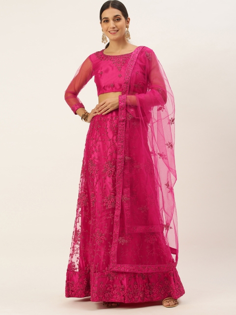 

LADUSAA Women Fuchsia Embroidered Semi-Stitched Lehenga & Unstitched Blouse with Dupatta