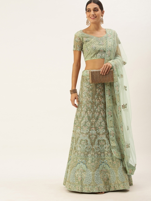 

LADUSAA Women Mint Green & Pink Embroidered Semi-Stitched Lehenga & Blouse with Dupatta