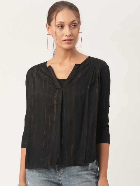 

urSense Black Mandarin Collar Self Design Blouson Top