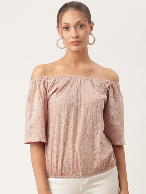 

urSense Peach-Coloured Floral Off-Shoulder Blouson Top