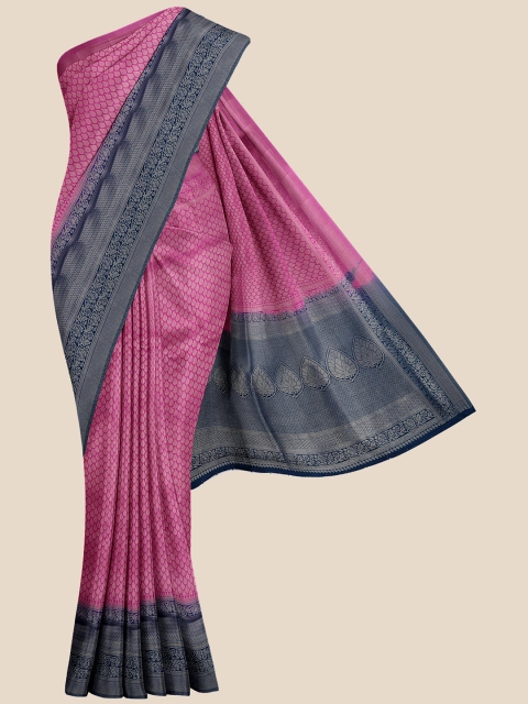 

KLM Fashion Mall Pink & Navy Blue Ethnic Motifs Zari Silk Blend Banarasi Saree