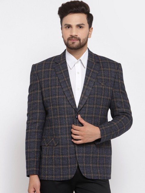 

KLOTTHE Men Blue & Beige Checked Slim-Fit Single-Breasted Formal Blazer