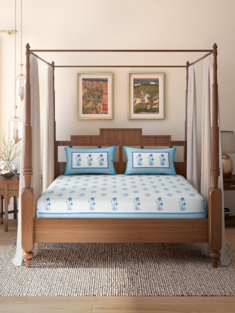 

House of Pataudi White & Blue Floral Cotton 144 TC Rozana King Bedsheet & 2 Pillow Covers