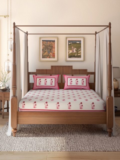 

House of Pataudi White & Pink Floral Cotton 144 TC Rozana King Bedsheet & 2 Pillow Covers
