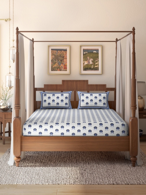 

House of Pataudi White & Blue 160 GSM Cotton King Rozana Bedsheet with 2 Pillow Covers