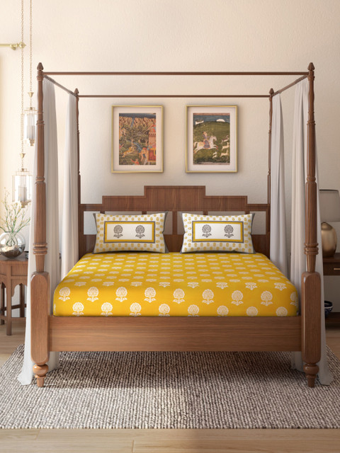 

House of Pataudi Yellow & White 160 GSM Cotton King Rozana Bedsheet with 2 Pillow Covers