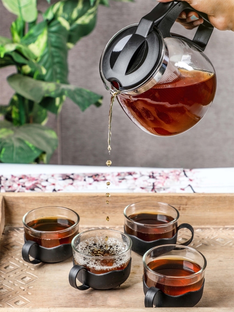 

YOYOSO Black & Transparent Set of 5 Solid Glass Glossy Kettle Set of Cups and Mugs