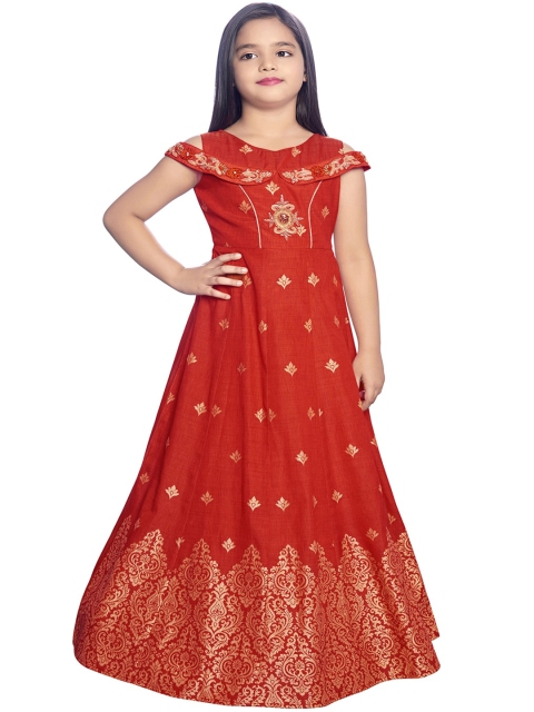 

BETTY Girls Red & Gold-Toned Floral Jacquard Ethnic Maxi Dress