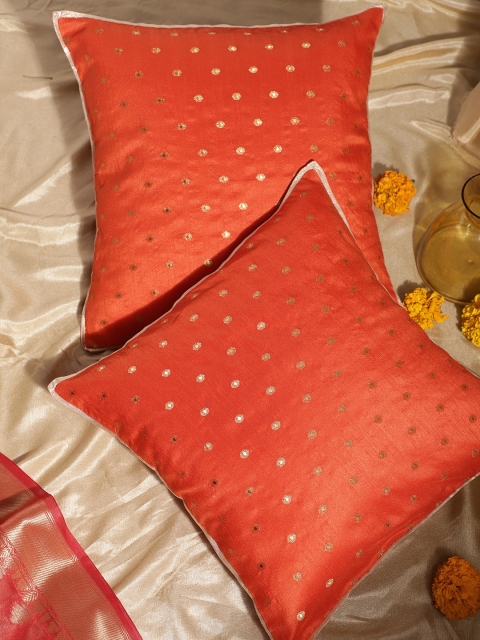 

House of Pataudi Set of 2 Orange & Golden Geometric Albela Jashn Square Cushion Covers