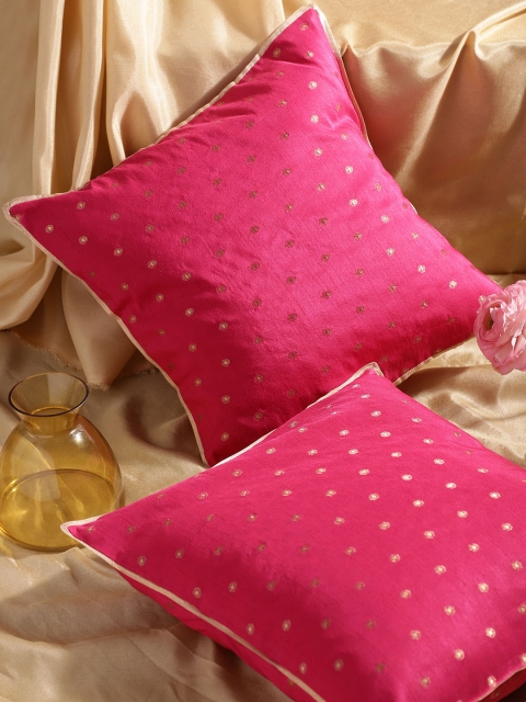 

House of Pataudi Set of 2 Pink & Golden Geometric Albela Jashn Square Cushion Covers