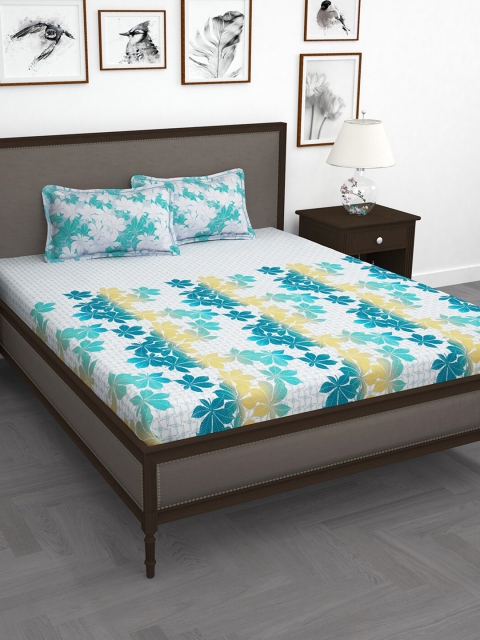 

Story@home White & Teal Floral 210 TC King Bedsheet with 2 Pillow Covers
