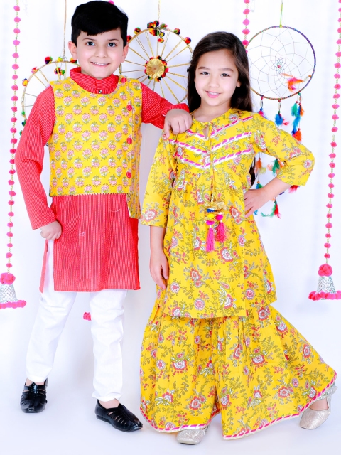 

KID1 Girls Yellow Floral Printed Pleated Gotta Patti Pure Cotton Kurti With Sharara Set