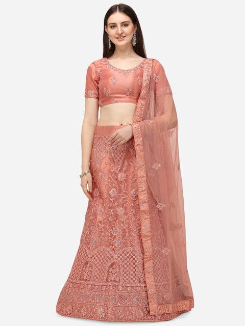 

V SALES Peach-Coloured & Silver-Toned Embroidered Sequinned Semi-Stitched Lehenga & Unstitched Blouse With