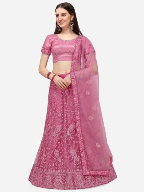 

V SALES Pink & Silver-Toned Embroidered Sequinned Semi-Stitched Lehenga & Unstitched Blouse With Dupatta