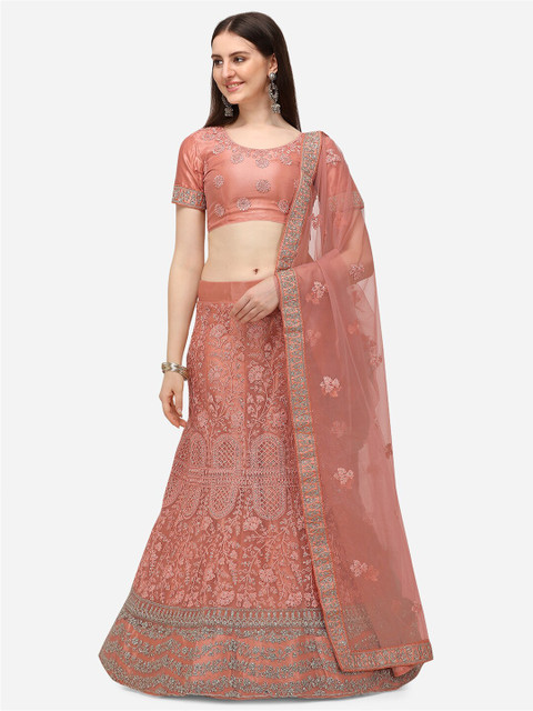 

V SALES Peach-Coloured & Silver-Toned Embroidered Thread Work Semi-Stitched Lehenga & Unstitched Blouse With