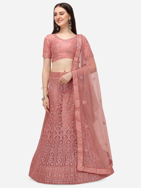 

V SALES Peach-Coloured & Silver-Toned Embroidered Sequinned Semi-Stitched Lehenga & Unstitched Blouse With