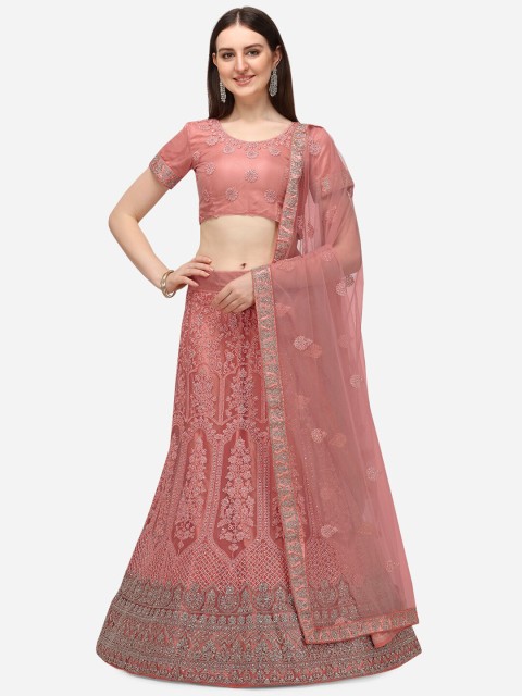 

V SALES Peach-Coloured & Silver-Toned Embroidered Thread Work Semi-Stitched Lehenga & Unstitched Blouse With
