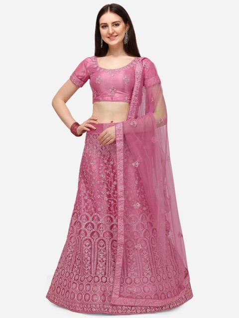 V SALES Pink & Silver-Toned Embroidered Sequinned Semi-Stitched Lehenga & Unstitched Blouse With Dupatta