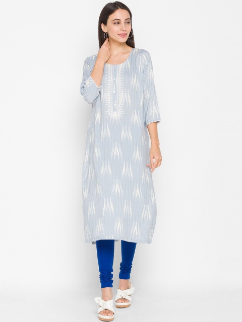 

ZOLA Women Grey Geometric Printed Thread Work Kurta
