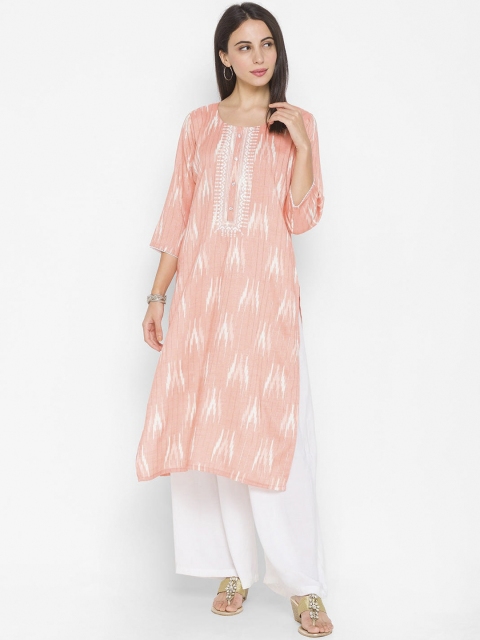 

ZOLA Women Peach-Coloured Printed Thread Work Kurta