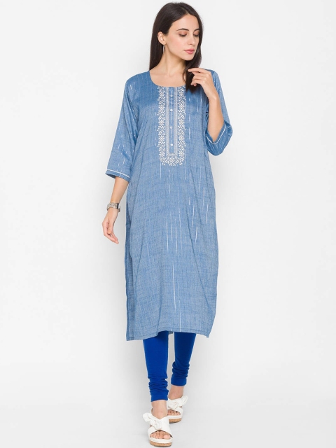 

ZOLA Women Blue Striped Thread Work Kurta