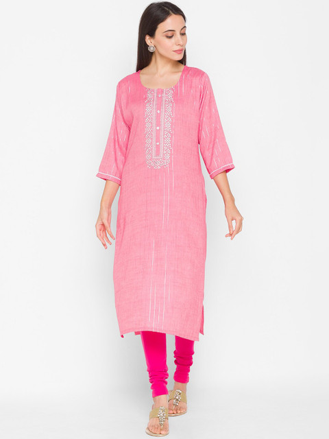 

ZOLA Women Pink Striped Thread Work Kurta